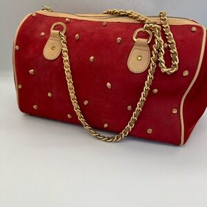 Red Suede Shoulder Bag with Gold Chain Detail